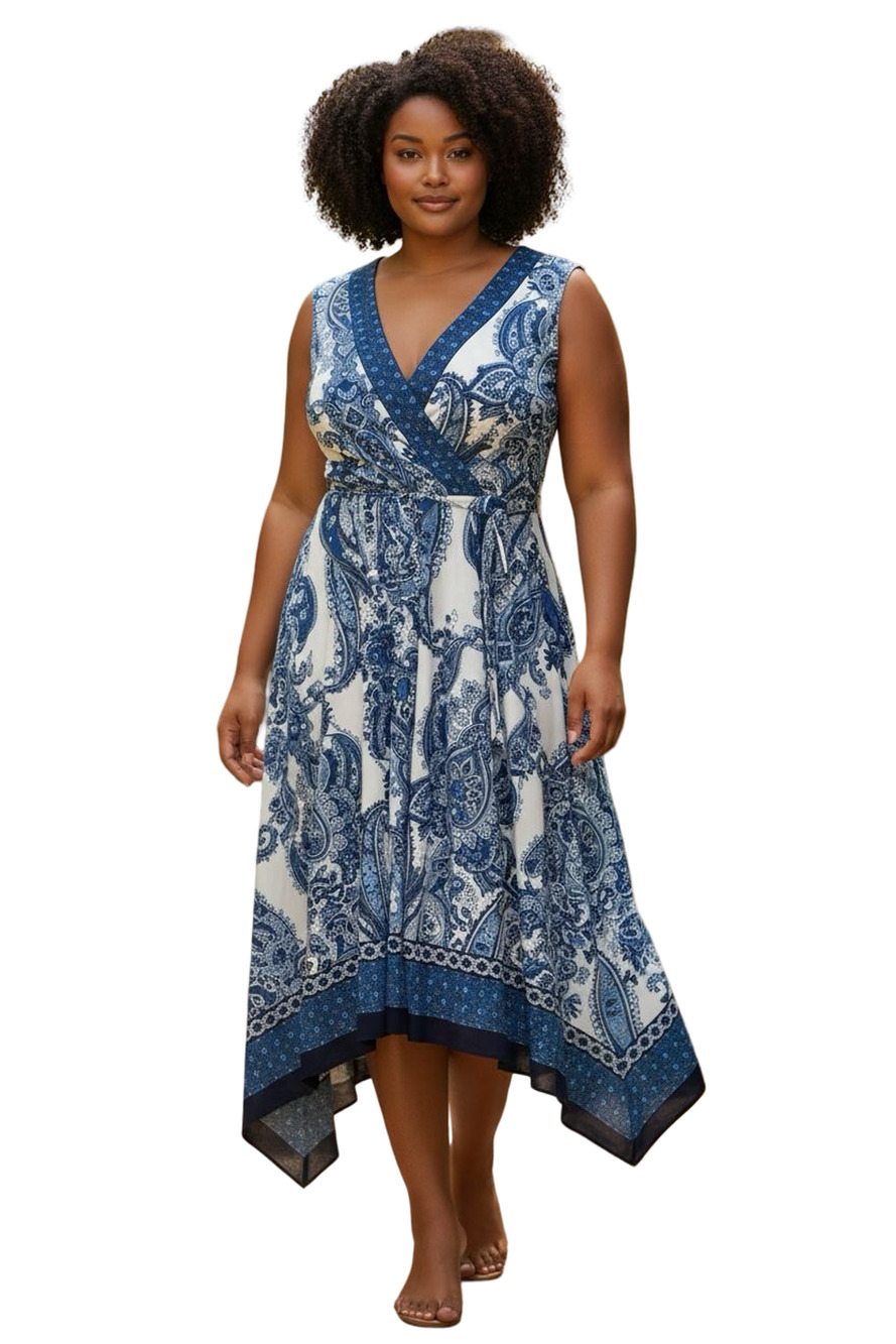 Studio One New York Womens Blue V-Neck Sharkbite Hem Midi Dress Summer sz 8